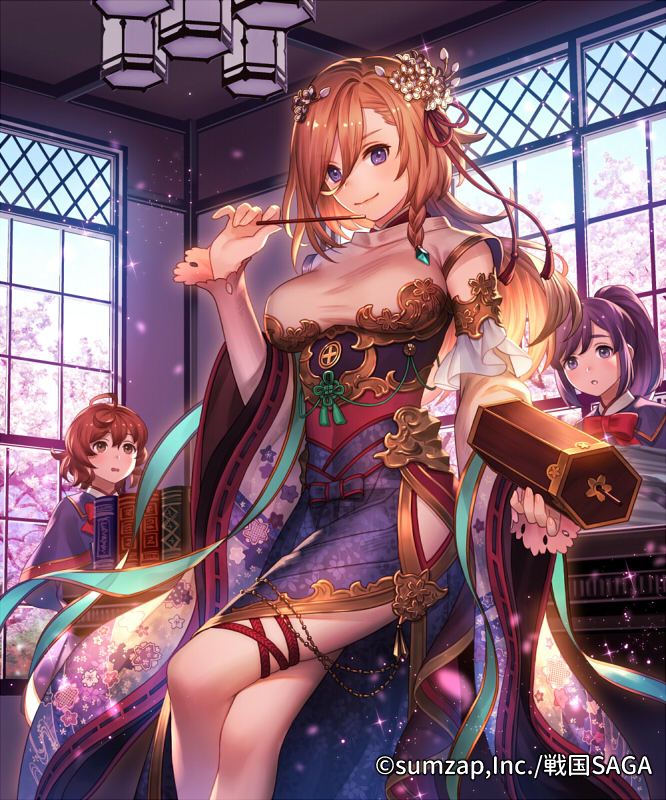 3girls book braid breasts brown_hair cherry_blossoms company_name copyright_name day detached_sleeves dress esukee flower hair_between_eyes hair_flower hair_ornament hand_up holding indoors large_breasts legs_crossed long_hair long_sleeves looking_at_viewer multiple_girls official_art omikuji ponytail purple_eyes purple_hair ribbon-trimmed_sleeves ribbon_trim sengoku_saga side_braid solo_focus thigh_strap wide_sleeves window