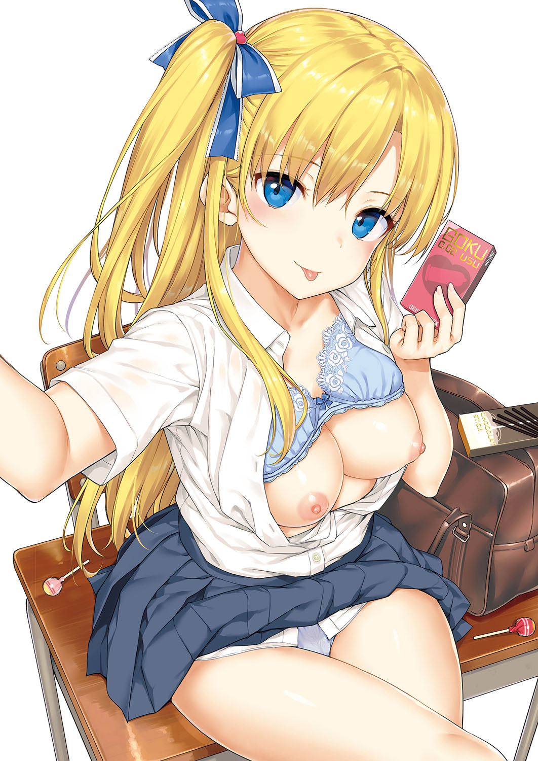 1girl :p bag bangs blonde_hair blue_bra blue_eyes blue_panties blue_ribbon blue_skirt blush box bra breasts buttons candy chair collarbone collared_shirt comic_exe condom_box desk dress_shirt eyebrows_visible_through_hair fingernails food hair_between_eyes hair_ribbon hands_up highres holding holding_box lace lace_bra legs legs_crossed lollipop long_hair looking_at_viewer medium_breasts nail_polish non-web_source on_desk one_side_up original panties pink_nails plaid plaid_skirt pleated_skirt pocky reaching_out ribbon school_bag school_desk school_uniform self_shot shiny shiny_skin shirt short_sleeves shoulder_bag simple_background sitting sitting_on_desk skirt smile solo takayaki taking_picture tongue tongue_out underwear white_background white_shirt wing_collar