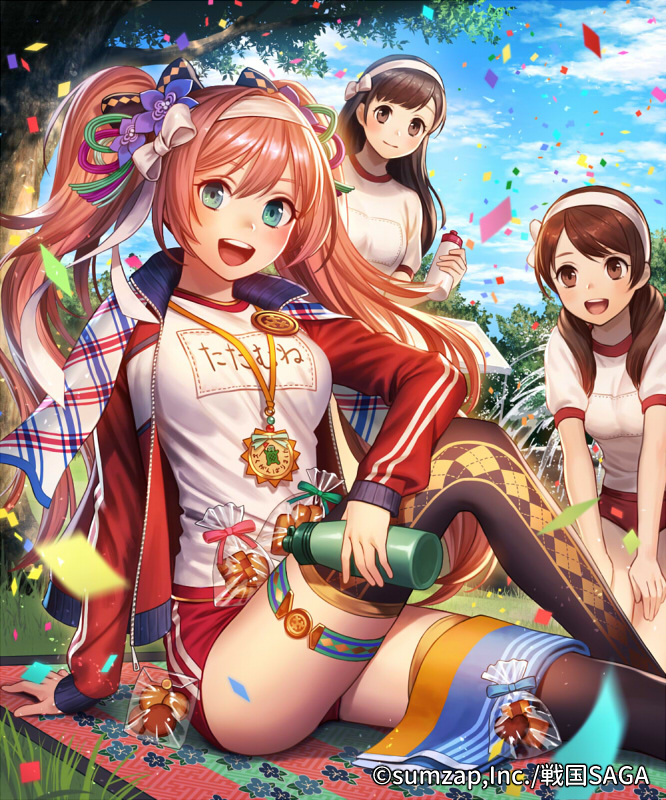 3girls :d aqua_eyes argyle argyle_legwear arm_support bag black_legwear blanket blue_sky bottle bow brown_eyes brown_hair buruma clothes_writing company_name confetti cookie copyright_name day esukee flower food grass gym_uniform hair_bow hair_flower hair_ornament hairband holding holding_bottle jacket knee_up leaning_forward long_hair long_sleeves looking_at_viewer medal multiple_girls name_tag official_art open_mouth outdoors plastic_bag red_buruma red_hair red_jacket sengoku_saga shirt short_sleeves sitting sky smile thigh_strap thighhighs towel track_jacket tree twintails white_shirt