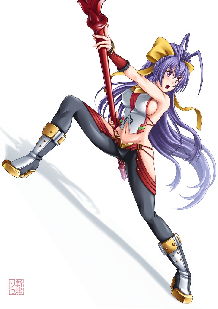 1girl antenna_hair armpit_peek backless_outfit bare_shoulders black_pants blazblue blazblue:_central_fiction blazblue_variable_heart blue_hair bow breasts dutch_angle fighting_stance full_body genderswap genderswap_(mtf) groin hair_between_eyes hair_bow halter_top halterneck holding holding_weapon large_breasts long_hair looking_away lowleg lowleg_pants mai_natsume navel niitsu_riu no_panties open_mouth outseal pants pink_eyes ponytail revealing_clothes sideboob solo very_long_hair weapon yellow_bow