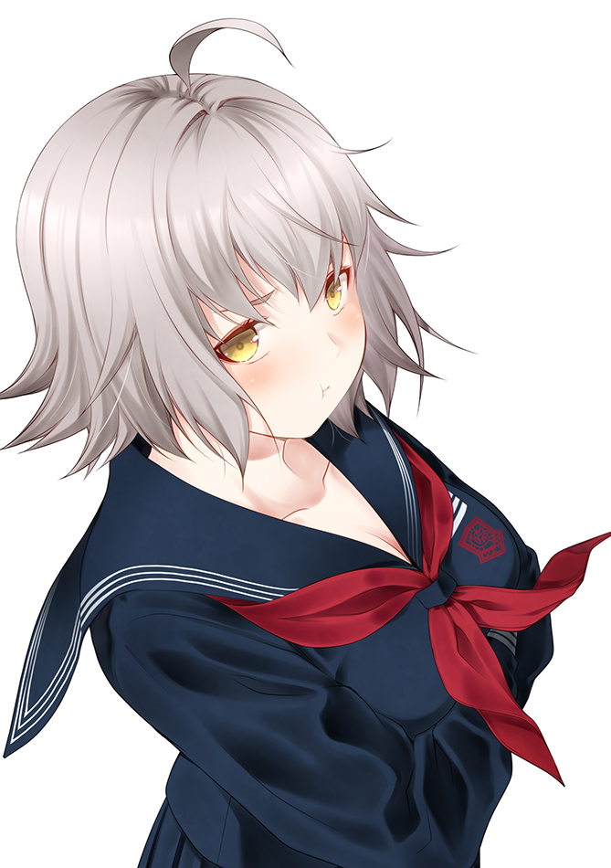 1girl bangs blue_serafuku blush breasts fate/grand_order fate_(series) hair_between_eyes jeanne_d'arc_(alter)_(fate) jeanne_d'arc_(fate)_(all) kouji_(campus_life) large_breasts long_sleeves looking_at_viewer neckerchief pout puffy_cheeks red_neckwear sailor_collar school_uniform short_hair silver_hair solo yellow_eyes