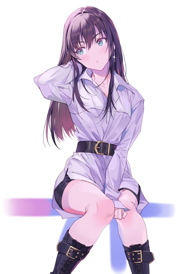 1girl belt boots brown_hair earrings idolmaster inzup jewelry knees_together_feet_apart long_hair pale_skin shibuya_rin shorts sitting solo