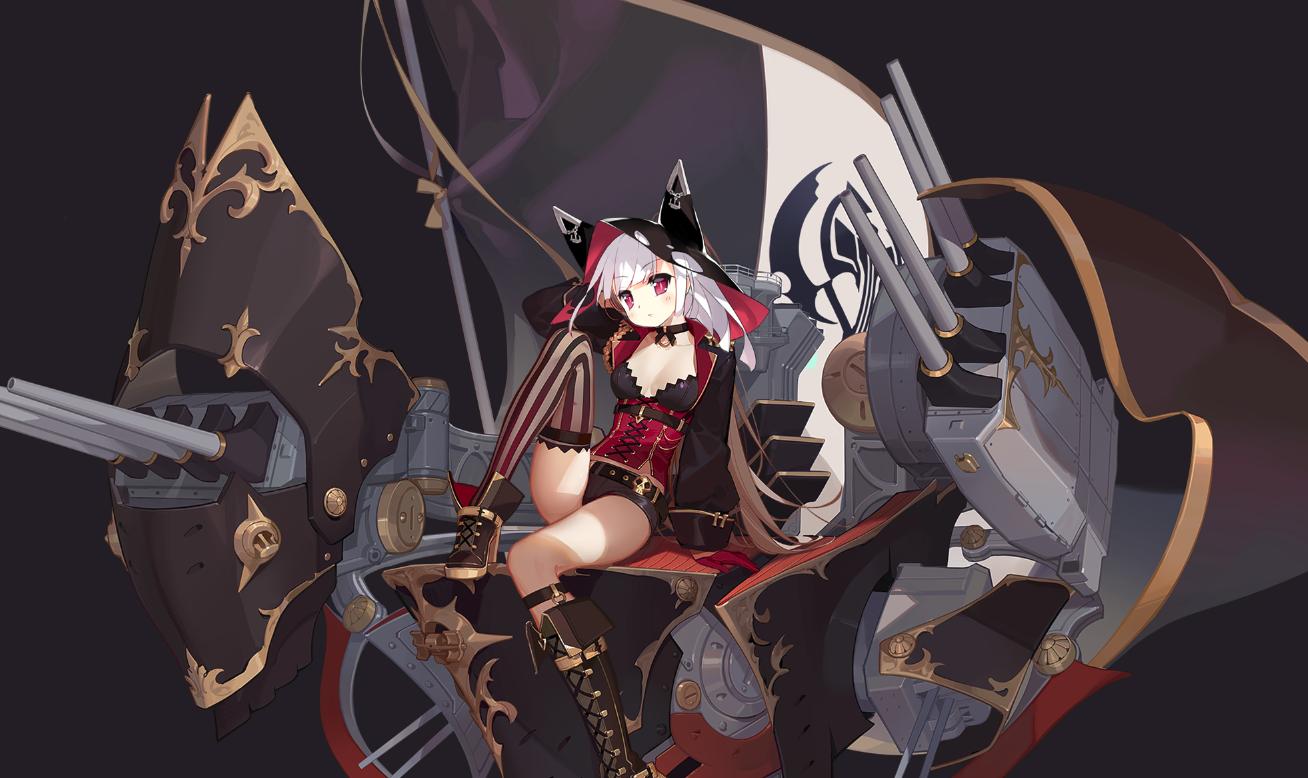 1girl anchor_symbol arm_up asymmetrical_footwear asymmetrical_legwear azur_lane baburushikikan bangs belt black_belt black_jacket black_shorts boots breasts brown_footwear character_name cleavage closed_mouth commentary_request cross-laced_footwear earrings edited epaulettes erebus_(azur_lane) feet_out_of_frame flag full_body gloves half_gloves hat head_tilt high_heels jacket jean_bart_(azur_lane) jewelry lace-up_boots long_hair long_sleeves looking_at_viewer machinery medium_breasts ponytail puffy_long_sleeves puffy_sleeves red_eyes red_gloves short_shorts shorts single_knee_boot single_thighhigh sitting skull striped striped_legwear thighhighs thighs third-party_edit transparent_background turret vertical-striped_legwear vertical_stripes white_hair