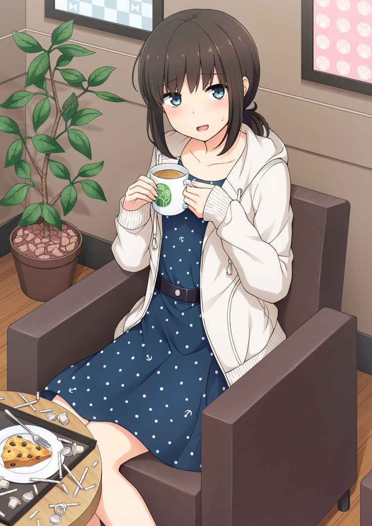 1girl :d aqua_eyes bangs belt blue_dress blush cake chair coffee coffee_mug collarbone cup dress eyebrows_visible_through_hair feet food fork fubuki_(kantai_collection) holding holding_cup indoors jacket kantai_collection long_hair long_sleeves looking_at_viewer mug nakamura_sumikage open_clothes open_jacket open_mouth picture_(object) plant plate polka_dot polka_dot_dress potted_plant short_ponytail sidelocks sitting slice_of_cake smile solo sweat tray white_jacket wooden_floor