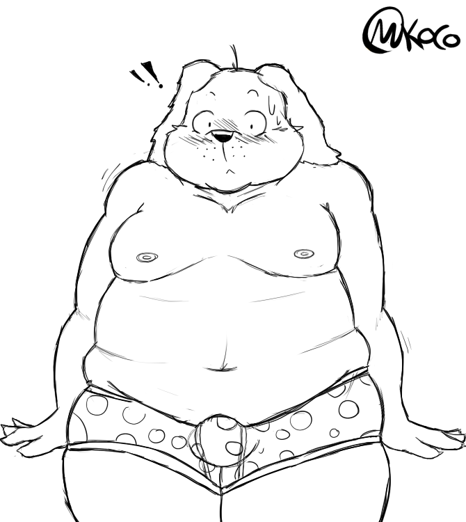 2019 anthro belly black_nose blush bulge canid canine canis clothing domestic_dog fur humanoid_hands looking_at_viewer male mammal moobs nipples overweight overweight_male shikapandakuma sketch soft underwear wide_hips
