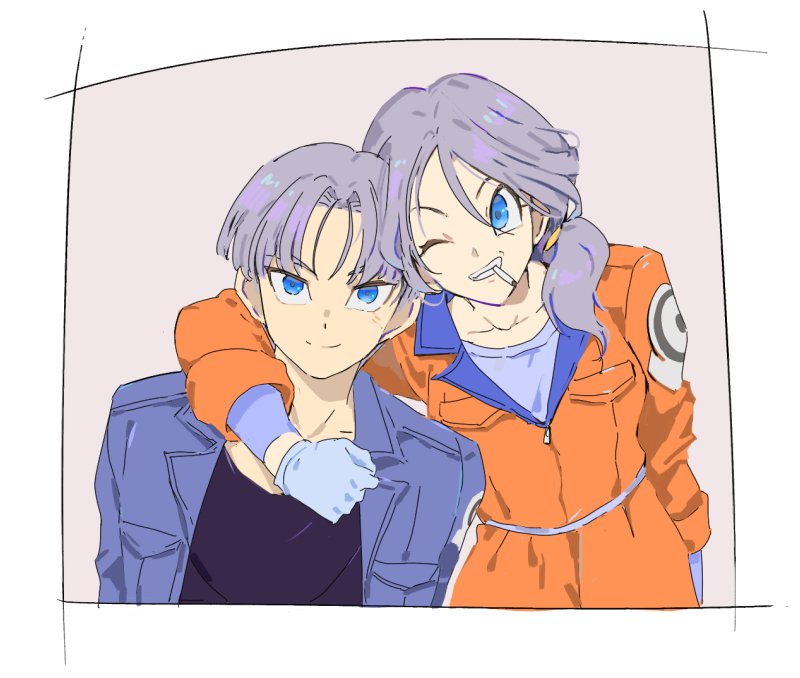 1boy 1girl ;) arm_around_neck black_shirt blue_eyes border bulma_(future) capsule_corp cigarette clenched_hand clenched_teeth denim denim_jacket dragon_ball dragonball_z eyebrows_visible_through_hair gloves jacket libeuo_(liveolivel) long_hair mother_and_son one_eye_closed pose purple_background purple_hair shirt simple_background smile teeth trunks_(future)_(dragon_ball) zipper