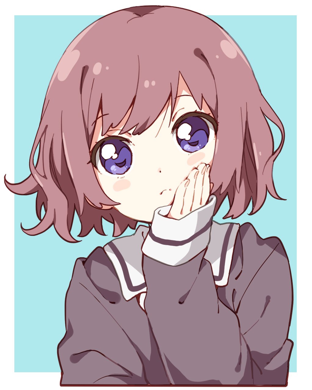 1girl blue_background blush blush_stickers brown_hair character_request closed_mouth copyright_request curly_hair eyebrows_visible_through_hair highres long_sleeves looking_at_viewer namori purple_eyes short_hair simple_background sketch sleeves_past_wrists solo upper_body