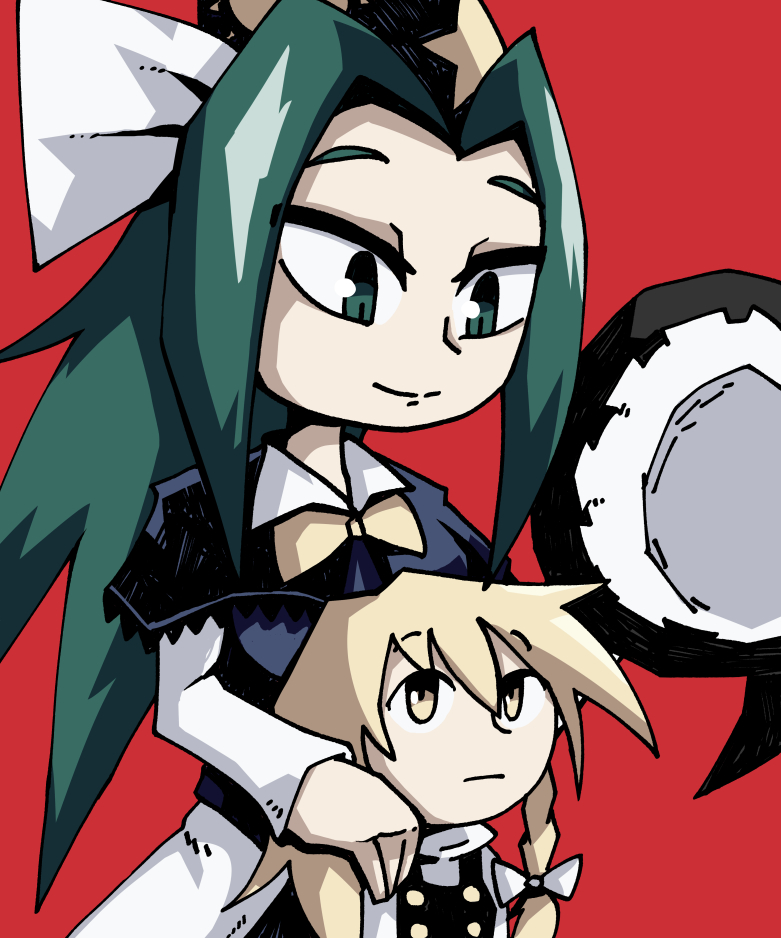 2girls apron behind_another black_vest blonde_hair blue_capelet blue_vest bow bowtie braid capelet commentary commentary_request english_commentary expressionless green_eyes green_hair hair_ribbon hand_on_another's_shoulder hat headwear_removed high_collar kirisame_marisa light_smile long_hair long_sleeves looking_at_another looking_down looking_up mima multiple_girls red_background ribbon setz simple_background single_braid standing star touhou tress_ribbon upper_body very_long_hair vest waist_apron wizard_hat yellow_eyes yellow_neckwear