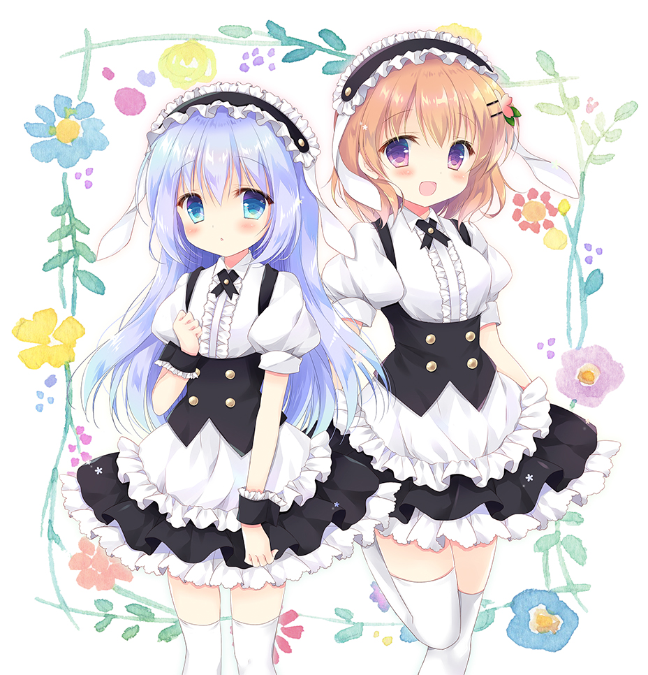 :d :o animal_ears apron bangs black_hairband black_skirt blue_eyes blue_flower blue_hair blush breasts brown_hair bunny_ears center_frills collared_shirt commentary_request eyebrows_visible_through_hair fake_animal_ears fleur_de_lapin_uniform floppy_ears flower frilled_apron frilled_hairband frills gochuumon_wa_usagi_desu_ka? hair_between_eyes hair_ornament hairband hairclip hand_up hasekura_chiaki hoto_cocoa kafuu_chino long_hair looking_at_viewer matching_outfit multiple_girls open_mouth parted_lips puffy_short_sleeves puffy_sleeves purple_flower shirt short_sleeves skirt small_breasts smile standing standing_on_one_leg thighhighs underbust uniform very_long_hair waist_apron waitress white_apron white_background white_legwear white_shirt wrist_cuffs yellow_flower