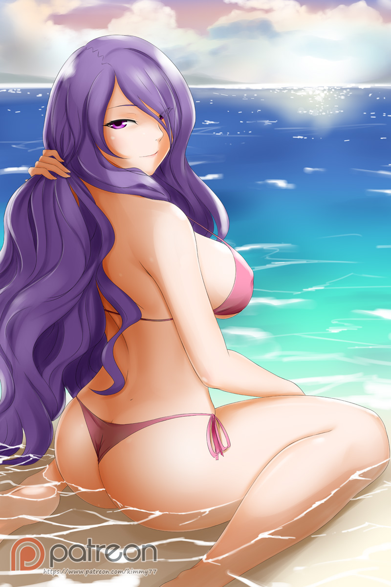 1girl alfred_cullado ass barefoot bikini breasts camilla_(fire_emblem_if) cloud day erect_nipples eyebrows_visible_through_hair eyes_visible_through_hair fire_emblem fire_emblem_if hair_over_one_eye hand_in_hair highres large_breasts long_hair looking_at_viewer looking_back nintendo ocean outdoors patreon_logo pink_ribbon purple_hair red_bikini ribbon side-tie_bikini sideboob sitting smile soles solo swimsuit underboob very_long_hair wariza water watermark