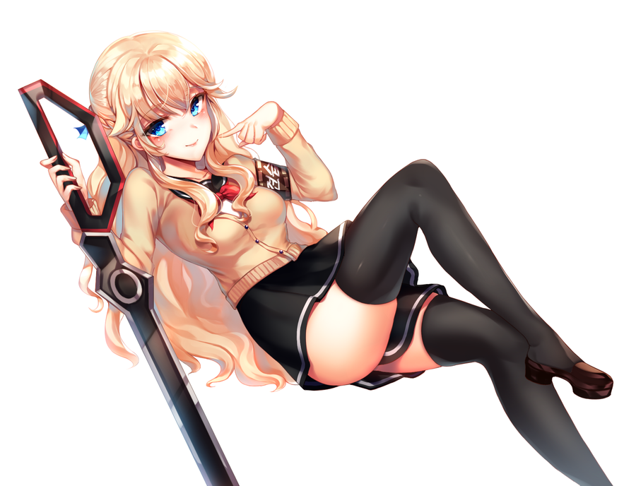 1girl bangs black_legwear black_skirt blonde_hair blue_eyes blue_ribbon bow bowtie breasts brown_footwear cleavage elsword eyebrows_visible_through_hair feet_out_of_frame hair_irbbon holding holding_sword holding_weapon knee_up large_breasts loafers long_hair long_sleeves looking_at_viewer pointing pointing_at_self reclining red_neckwear ribbon rose_(elsword) shirt shoes sidelocks simple_background skirt smile solo sword thighhighs weapon white_background white_shirt yellow_cardigan