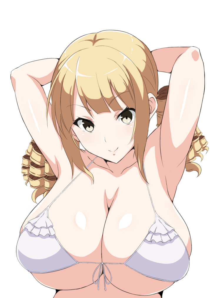 1girl armpits arms_behind_head bikini blonde_hair breasts cleavage drill_hair eyebrows_visible_through_hair green_eyes huge_breasts ore_no_nounai_sentakushi_ga_gakuen_love-comedy_wo_zenryoku_de_jama_shiteiru reikadou_ayame simple_background smile solo swimsuit tawashi1623 white_background white_bikini