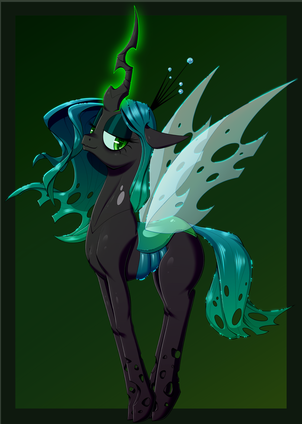 2019 changeling deusexequus eyeshadow female friendship_is_magic green_eyes green_eyeshadow green_theme hi_res insect_wings looking_at_viewer makeup my_little_pony pose queen_chrysalis_(mlp) slit_pupils solo standing wings