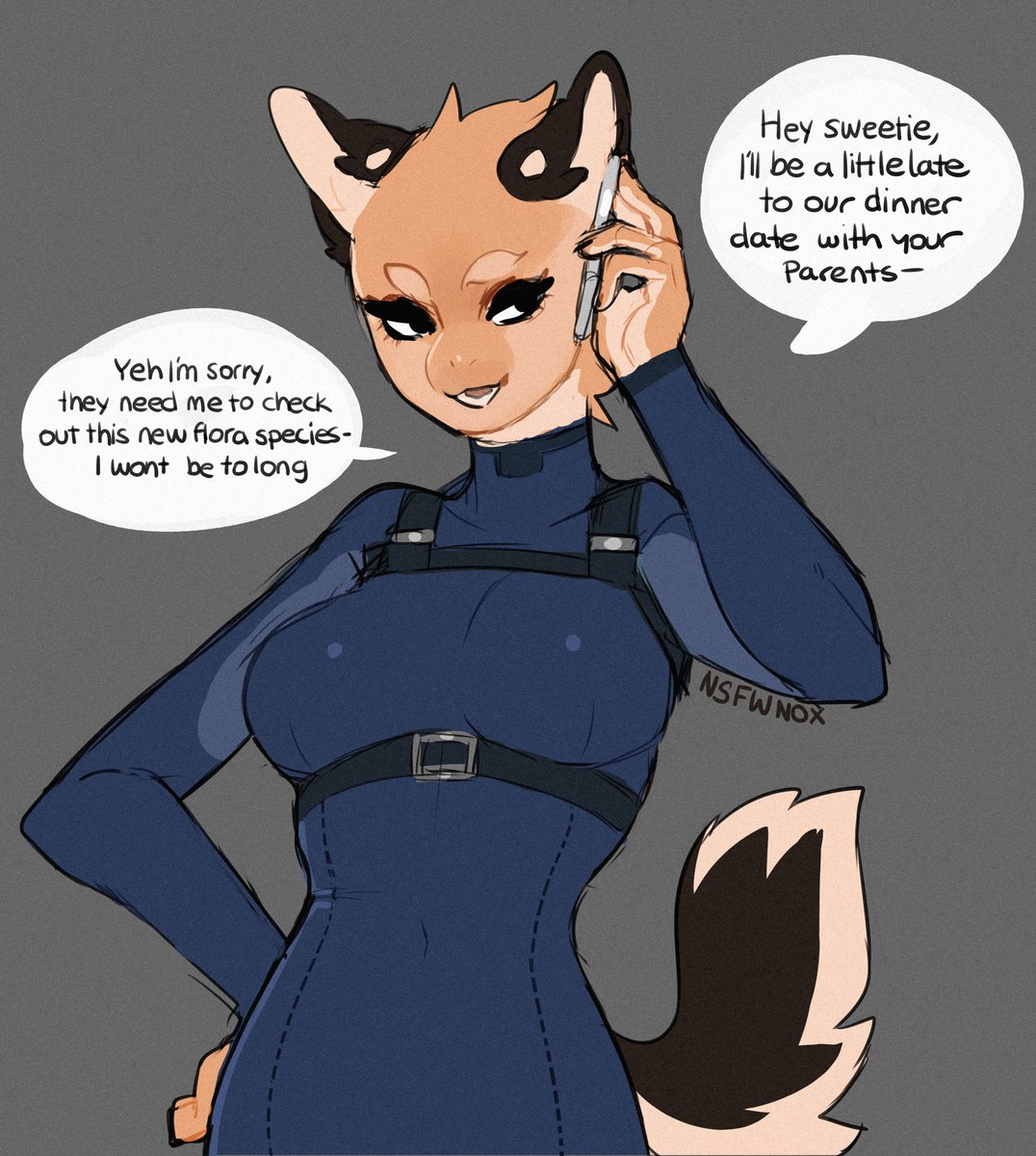 2019 anthro big_breasts breasts canid canine cellphone clothed clothing curvaceous english_text evie_(nox) female fur harness hi_res jumpsuit mammal nox_(artist) phone portrait signature simple_background solo standing tan_fur tan_inner_ear text three-quarter_portrait