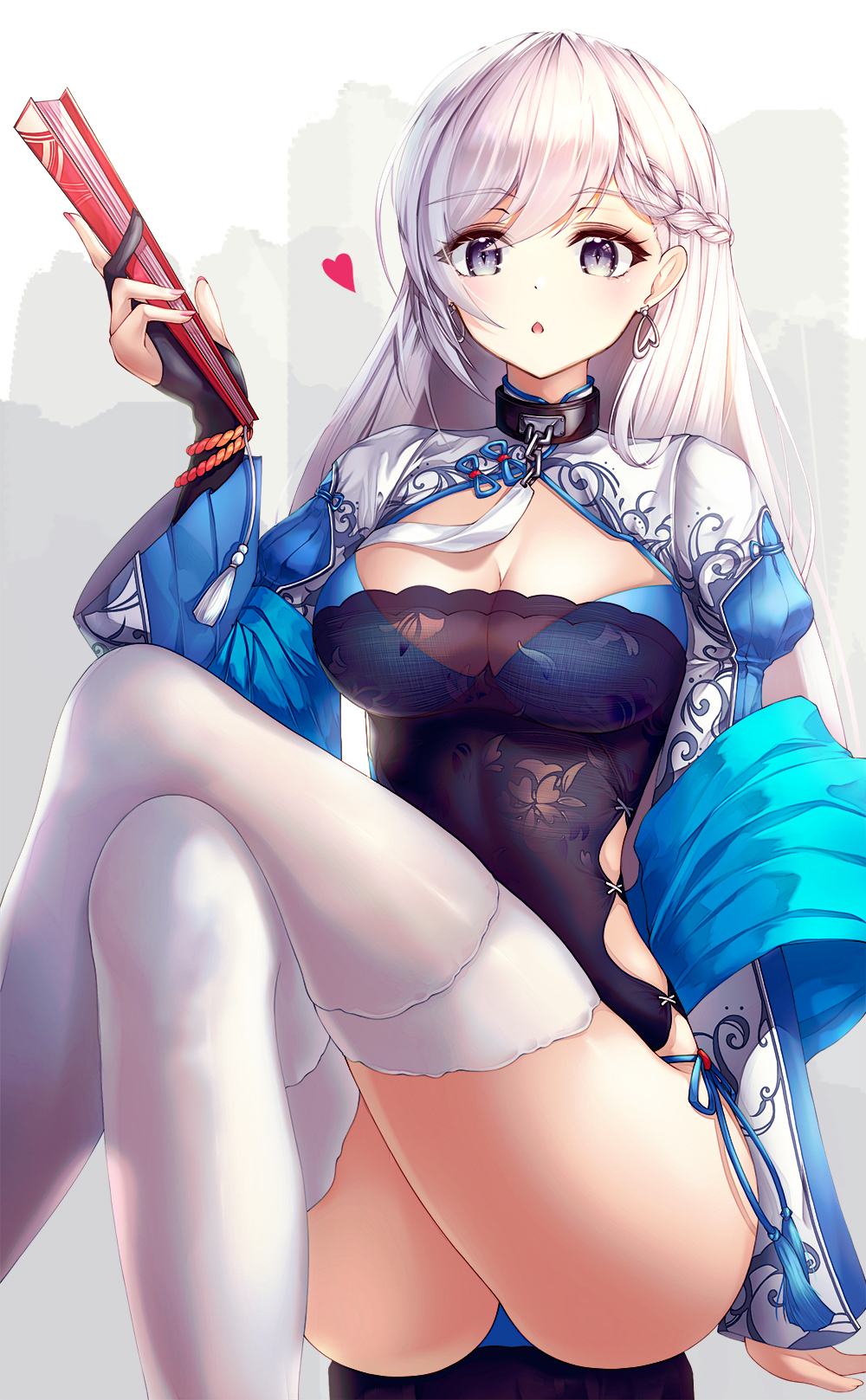 1girl :o alternate_costume arm_support azur_lane belfast_(azur_lane) belfast_(iridescent_rose)_(azur_lane) blue_eyes blue_panties blush braid breasts chains china_dress chinese_clothes cleavage cleavage_cutout collar dress earrings eyebrows_visible_through_hair fan folding_fan heart heart_earrings highres holding holding_fan jewelry large_breasts legs_crossed long_hair looking_at_viewer open_mouth panties paya_(aejx2345) shawl side-tie_panties silver_hair sitting solo thighhighs underwear white_legwear
