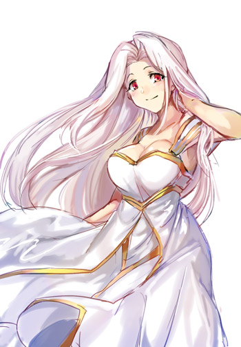 1girl breasts cleavage dress fate/zero fate_(series) floating_hair hair_intakes hand_in_hair irisviel_von_einzbern large_breasts long_dress long_hair looking_at_viewer red_eyes shida_(xwheel) silver_hair simple_background sleeveless sleeveless_dress sleeves smile solo standing very_long_hair white_background white_dress