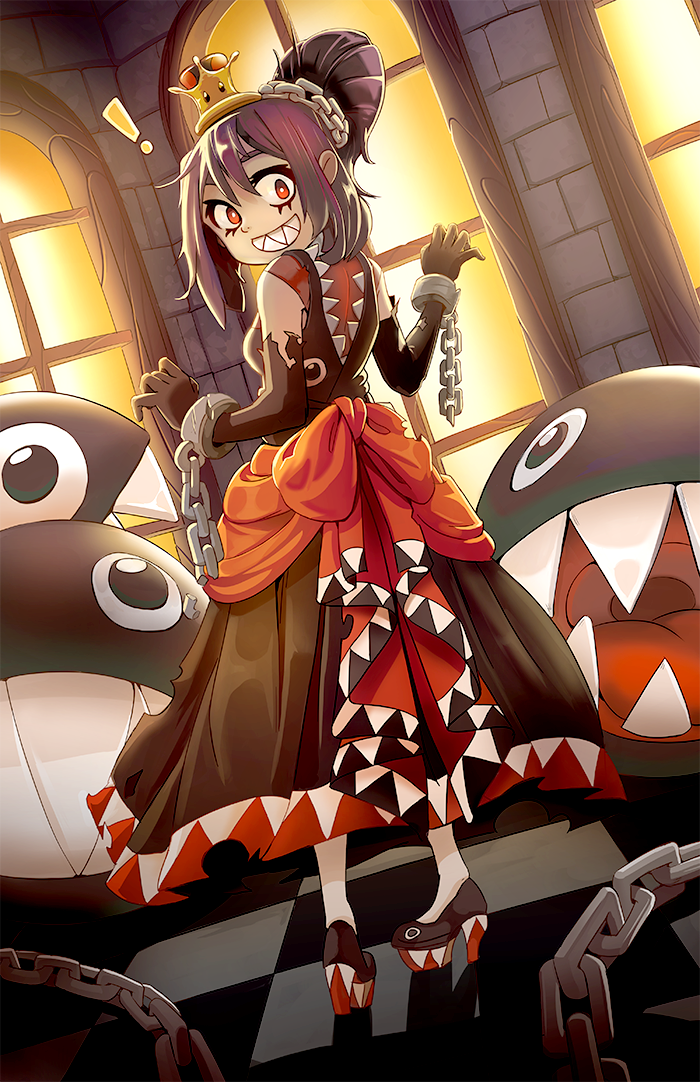 ! 1girl black_dress black_gloves black_hair castle chain_chomp chains checkered checkered_floor cuffs dress elbow_gloves gloves high_heels limited-access looking_at_viewer looking_back ponytail princess_chain_chomp red_eyes shackles sharp_teeth super_crown teeth torn_clothes window