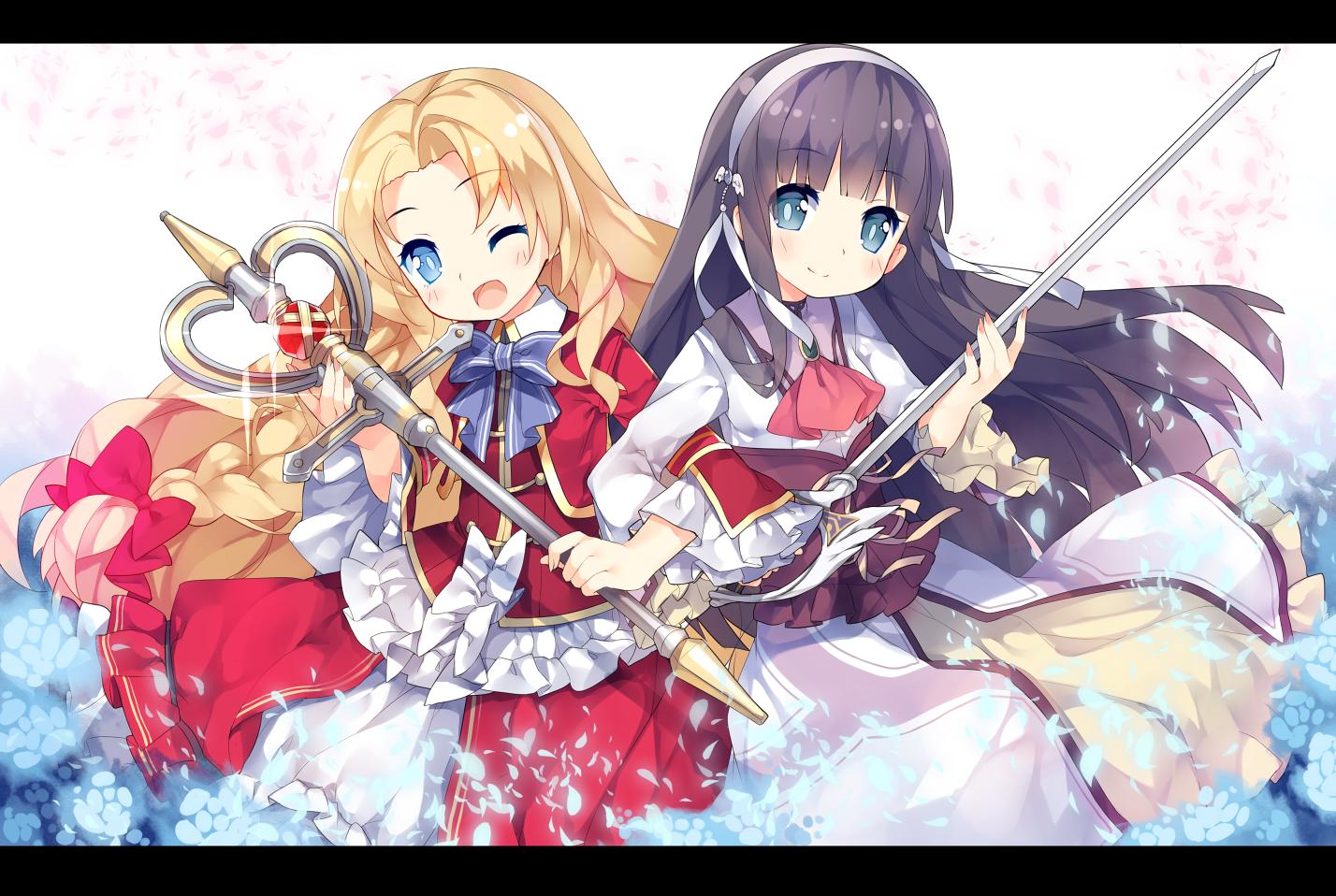 2girls alfin_reise_arnor ascot bangs black_hair blonde_hair blue_eyes blue_neckwear blush_stickers bow bowtie braid corset dress eiyuu_densetsu elise_schwartzer eyebrows_visible_through_hair flower frilled_dress frilled_sleeves frills glint hair_ribbon hairband letterboxed locked_arms long_hair long_sleeves looking_at_viewer multiple_girls one_eye_closed open_mouth parted_bangs petals rapier red_dress red_neckwear ribbon saru sen_no_kiseki side-by-side smile staff straight_hair sword tress_ribbon weapon