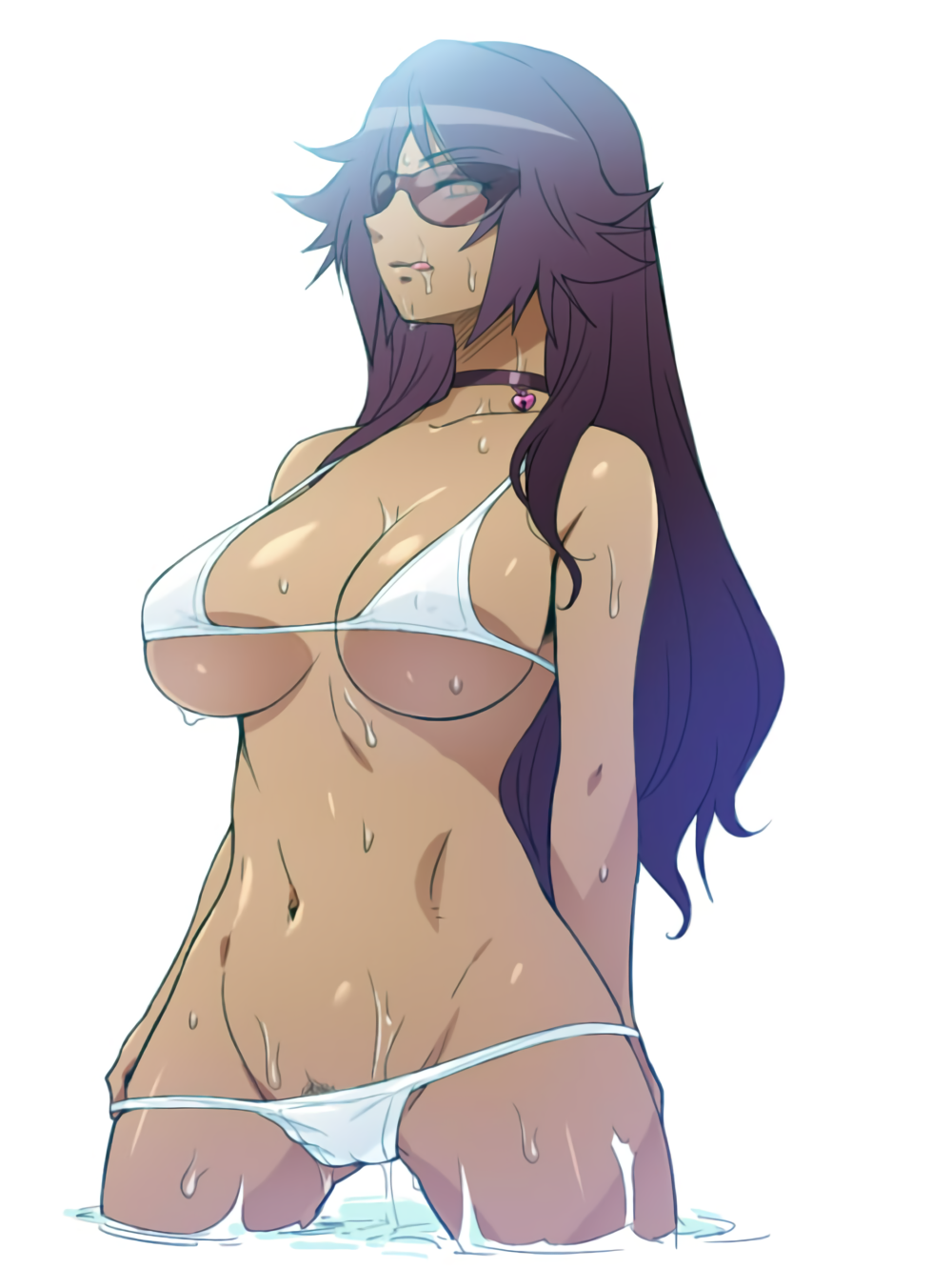 1girl bare_shoulders bikini bleach breasts choker dark_skin groin hairu large_breasts licking_lips long_hair navel pubic_hair purple_hair shihouin_yoruichi simple_background solo sunglasses swimsuit swimsuit_pull tongue tongue_out wading water wet white_background
