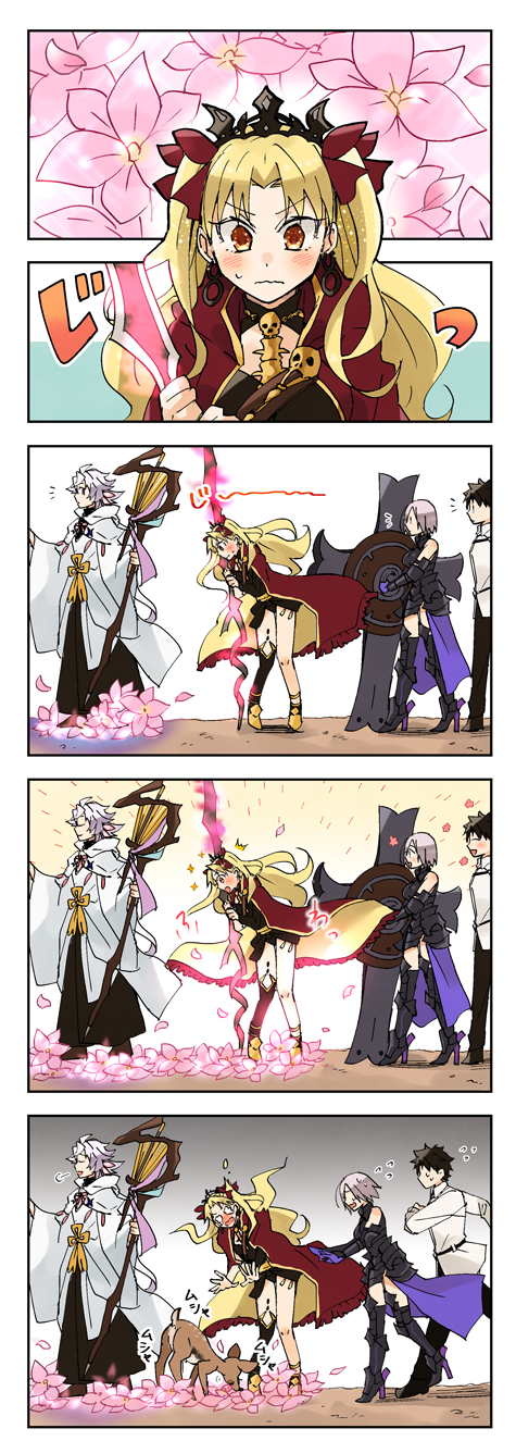 2boys 2girls ahoge animal bangs black_hair black_pants blonde_hair blush boots cape chaldea_uniform comic commentary_request deer dress earrings ereshkigal_(fate/grand_order) fate/grand_order fate_(series) flower fujimaru_ritsuka_(male) hair_ribbon high_heels highres hood jewelry long_hair long_sleeves mash_kyrielight merlin_(fate) misuko_(sbelolt) multiple_boys multiple_girls open_mouth pants parted_bangs pink_flower purple_cape purple_hair red_cape red_eyes ribbon robe short_hair silent_comic skull sparkle staff surprised sweat sweatdrop sweating_profusely sword tears thigh_boots thighhighs tiara two_side_up wavy_mouth weapon white_hair