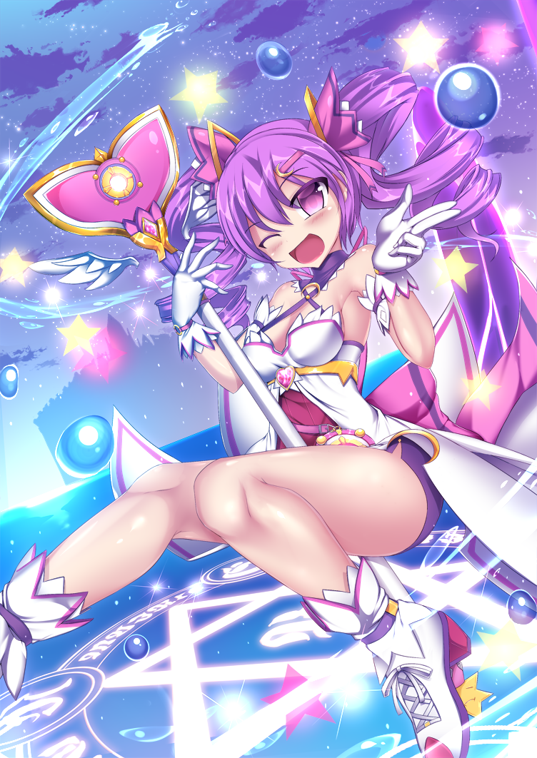 1girl aisha_(elsword) armpits bare_shoulders blush bubble dimension_witch_(elsword) elsword eyebrows_visible_through_hair gloves haiumore magic_circle magical_girl sky smile staff star thighs twintails