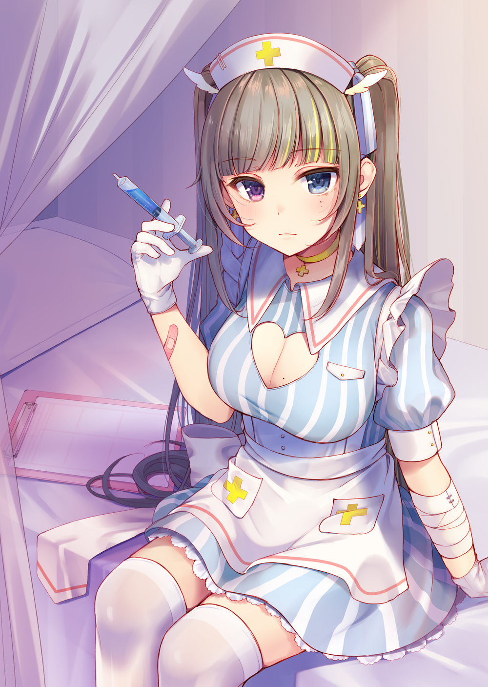 1girl apron bandage bandaged_arm bandages bandaid_on_arm bangs bed blue_dress blue_eyes blunt_bangs blush breasts brown_hair cleavage cleavage_cutout clipboard commentary_request cross cross_earrings curtains dress earrings eyebrows_visible_through_hair gloves hat heart_cutout heterochromia highres holding holding_syringe jewelry large_breasts long_hair momoirone nurse nurse_cap on_bed original pillow puffy_short_sleeves puffy_sleeves purple_eyes short_sleeves sitting sitting_on_bed solo striped syringe thighhighs transparent twintails vertical-striped_dress vertical_stripes very_long_hair waist_apron white_apron white_gloves white_headwear white_legwear wing_hair_ornament
