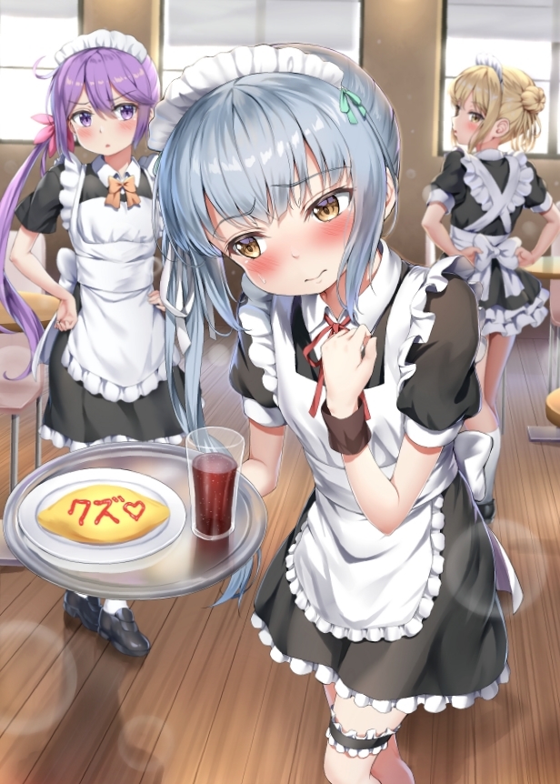 3girls akebono_(kantai_collection) alternate_costume apron bangs black_dress blonde_hair blush brown_eyes closed_mouth commentary_request double_bun dress drink enmaided eyebrows_visible_through_hair food frills grey_hair hair_between_eyes hair_ornament hair_ribbon hand_on_hip holding holding_tray indoors kantai_collection kasumi_(kantai_collection) ketchup kneehighs long_hair looking_at_viewer looking_away maid maid_apron maid_headdress michishio_(kantai_collection) multiple_girls nedia_(nedia_region) omurice open_mouth puffy_short_sleeves puffy_sleeves purple_eyes purple_hair red_neckwear red_ribbon ribbon shoes short_hair short_sleeves side_ponytail standing sweatdrop thigh_strap tray waist_apron white_legwear window wrist_cuffs yellow_eyes