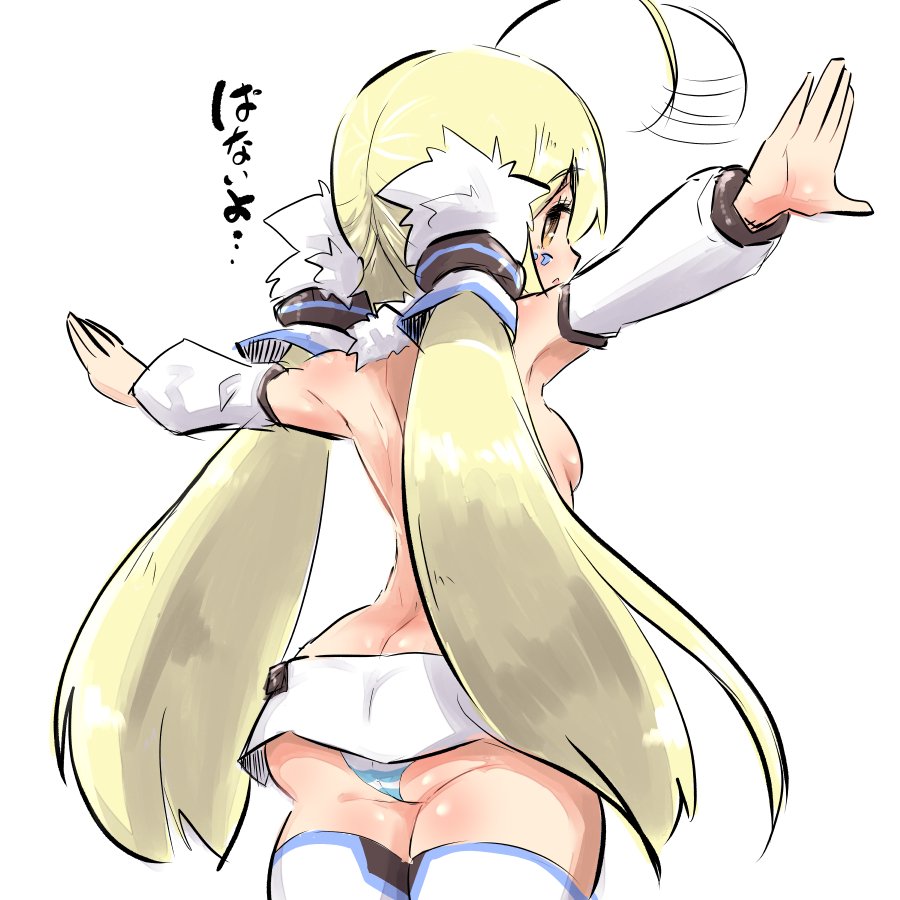 1girl ahoge ahoge_wag arched_back ass azur_lane bangs bare_shoulders blonde_hair blush breasts brown_eyes butt_crack commentary_request detached_sleeves eldridge_(azur_lane) expressive_hair eyebrows_visible_through_hair facial_mark from_behind gluteal_fold hair_between_eyes long_hair long_sleeves looking_at_viewer looking_back low_twintails outstretched_arms panties parted_lips puffy_long_sleeves puffy_sleeves sideboob small_breasts solo spread_arms striped striped_panties thighhighs translation_request twintails u-non_(annon'an) underwear very_long_hair white_legwear white_sleeves