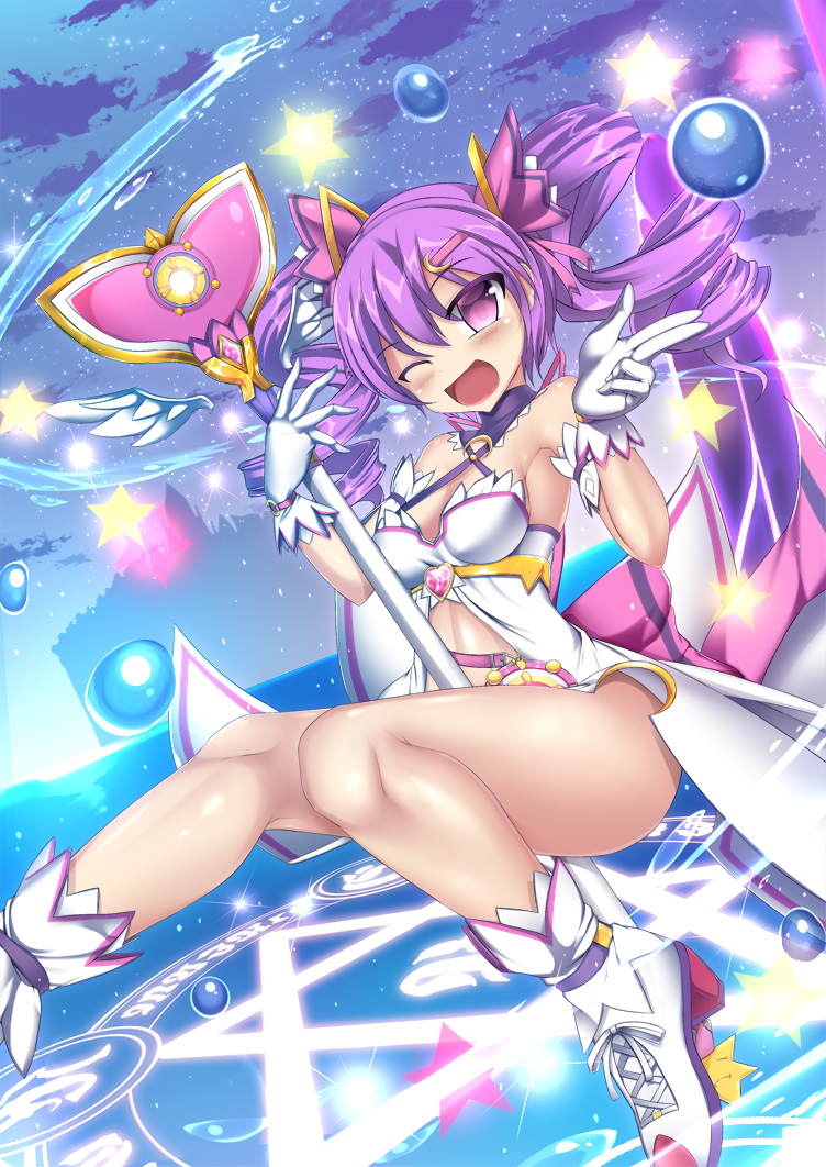 1girl aisha_(elsword) armpits bare_shoulders blush bottomless bubble dimension_witch_(elsword) elsword eyebrows_visible_through_hair gloves haiumore magic_circle magical_girl sky smile staff star thighs twintails