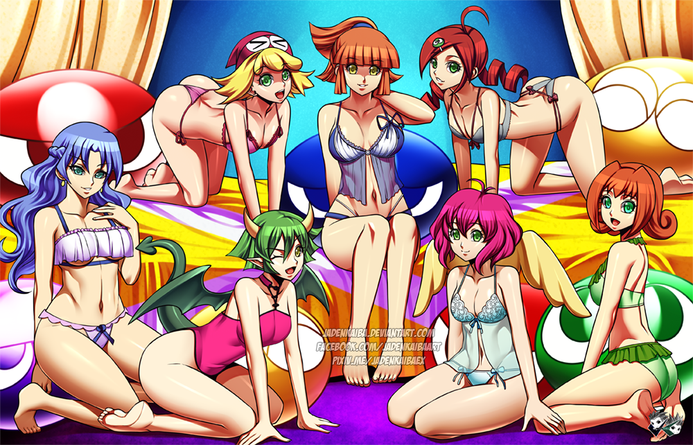 7girls aged_up ally_(puyopuyo) amitie andou_ringo arle_nadja ass bare_arms bare_back bare_legs bare_midriff bare_shoulders barefoot bed breasts butt_crack cleavage clothing cute draco_centauros female female_only happy harem harpy_(puyopuyo) jadenkaiba lingerie looking_at_viewer midriff navel puyopuyo rulue smile tagme thighs underboob underwear wink winking