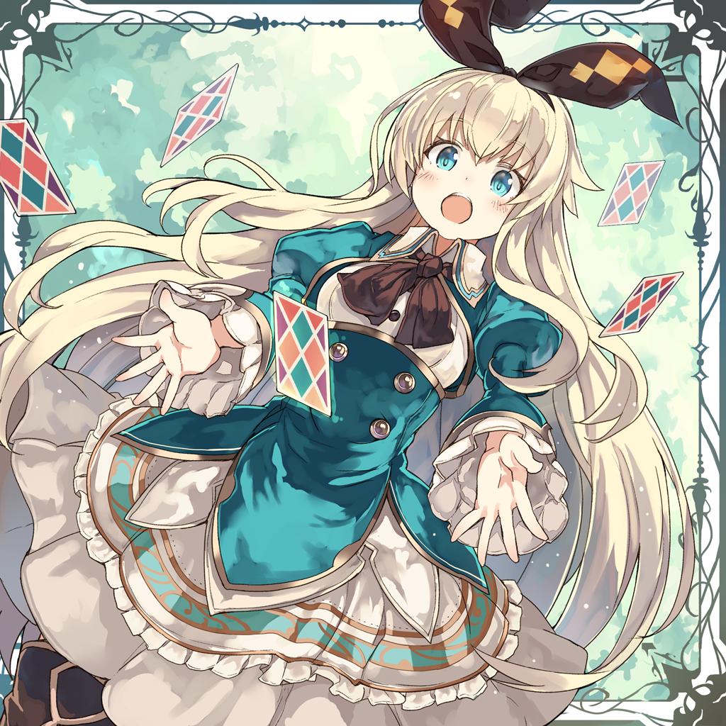 1girl alice_(grimms_notes) bangs black_ribbon blonde_hair blue_dress blue_eyes blush card commentary cowboy_shot dress frills from_below grimms_echoes hair_between_eyes hair_ribbon long_hair long_sleeves looking_at_viewer open_mouth outdoors puffy_sleeves ribbon round_teeth shibano_kaito solo teeth very_long_hair