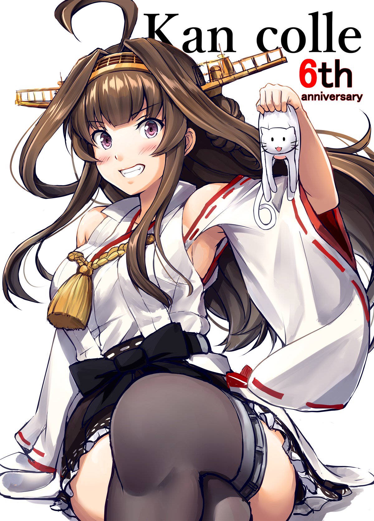 1girl ahoge arm_support bangs bare_shoulders blush boots breasts brown_footwear brown_hair detached_sleeves double_bun eyebrows_visible_through_hair grin hairband headgear highres holding ichikawa_feesu japanese_clothes kantai_collection kongou_(kantai_collection) legs_crossed long_hair looking_at_viewer nontraditional_miko petticoat purple_eyes remodel_(kantai_collection) sidelocks sitting skirt smile solo thigh_boots thighhighs