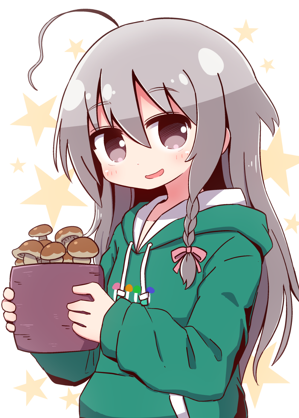 1girl :d ahoge bangs blush braid brown_eyes commentary_request drawstring eyebrows_visible_through_hair green_hoodie grey_hair hair_between_eyes hair_ribbon head_tilt highres holding hood hood_down hoodie hoshi_shouko idolmaster idolmaster_cinderella_girls long_hair long_sleeves looking_at_viewer mushroom naga_u open_mouth pink_ribbon plant potted_plant ribbon side_braid simple_background single_braid sleeves_past_wrists smile solo star starry_background upper_body very_long_hair white_background