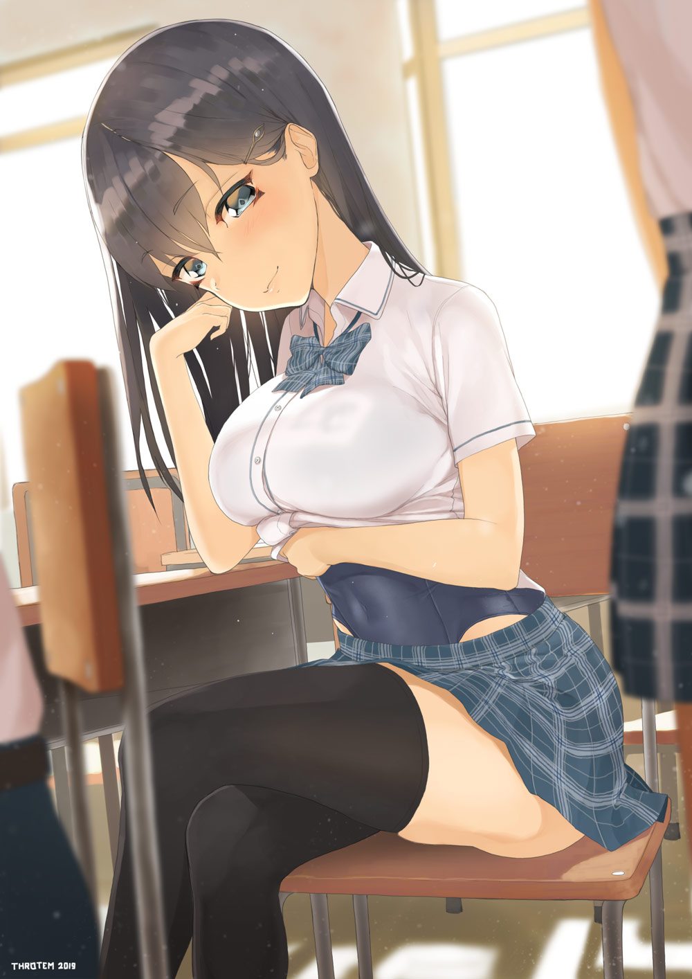 1girl artist_name bangs black_hair black_legwear blue_eyes blurry blurry_background blurry_foreground bow bowtie breasts chair classroom closed_mouth collared_shirt covered_navel dated desk eyebrows_visible_through_hair hair_ornament hairpin hand_up highres legs_crossed lifted_by_self long_hair medium_breasts on_chair original plaid plaid_neckwear plaid_skirt school_chair school_desk school_swimsuit school_uniform see-through shirt shirt_lift short_sleeves sitting skirt solo_focus straight_hair swimsuit swimsuit_under_clothes thighhighs throtem uniform white_shirt window zettai_ryouiki