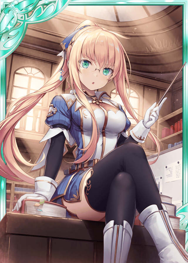 1girl akkijin aqua_eyes baton blonde_hair book bookshelf boots breasts card_(medium) glasses gloves indoors legs_crossed looking_at_viewer medium_breasts official_art shinkai_no_valkyrie sitting teacher thighhighs uniform white_gloves