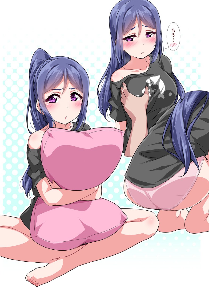 alternate_hairstyle ass bangs bare_legs barefoot black_shirt blue_hair blush breast_grab breasts collarbone dolphin_print grabbing groping high_ponytail highres kanji large_breasts legs_crossed long_hair love_live! love_live!_sunshine!! matsuura_kanan multiple_views off-shoulder_shirt off_shoulder panties pillow pillow_hug pink_panties pink_pillow polka_dot polka_dot_background purple_eyes shirt sidelocks sitting squatting underwear yopparai_oni