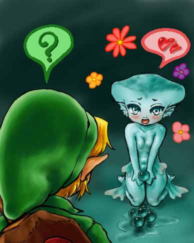 &lt;3 blonde_hair blush clothing egg flower hair humanoid hylian link low_res nintendo nude ocarina_of_time plant princess_ruto shield the_legend_of_zelda unknown_artist video_games zora