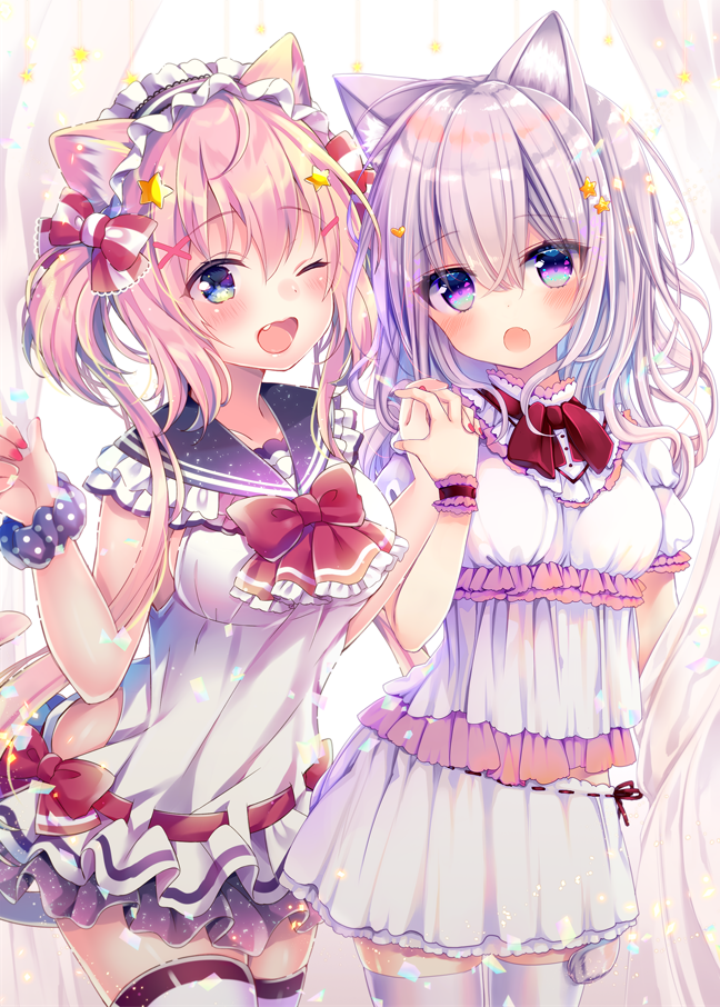 2girls ;d animal_ear_fluff animal_ears black_hairband black_scrunchie blush breasts cat_ears cat_girl cat_tail commentary_request curtains dress fang fingernails frilled_hairband frills hair_ornament hairband hairclip hand_holding interlocked_fingers konno_kengo long_hair medium_breasts multiple_girls nail_polish one_eye_closed open_mouth original pink_hair pleated_dress polka_dot polka_dot_scrunchie puffy_short_sleeves puffy_sleeves red_nails scrunchie short_sleeves silver_hair small_breasts smile star star_hair_ornament tail tail_raised thighhighs two_side_up white_dress white_legwear wrist_cuffs wrist_scrunchie