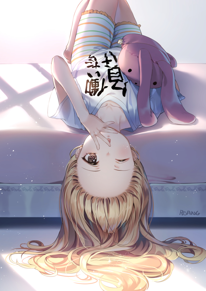 1girl ;o alternate_hairstyle artist_name bare_legs barefoot blonde_hair blush brown_eyes clothes_writing collarbone day full_body futaba_anzu hair_down idolmaster idolmaster_cinderella_girls indoors knees_up long_hair looking_at_viewer lying on_back one_eye_closed open_mouth roang shirt short_sleeves shorts solo striped striped_shorts stuffed_animal stuffed_bunny stuffed_toy sunlight tareme upskirt white_shirt window_shade
