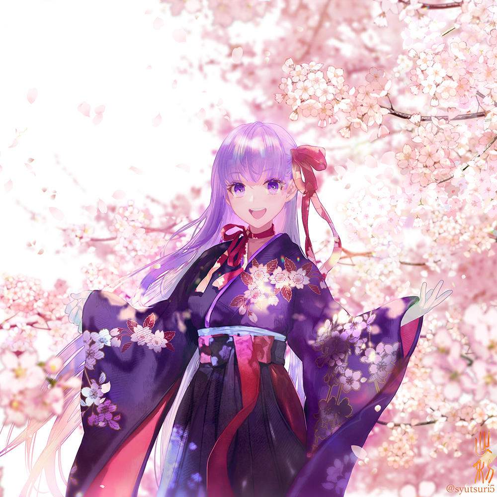 1girl :d bangs bb_(fate)_(all) bb_(fate/extra_ccc) blurry blush bow cherry_blossoms commentary_request cowboy_shot day depth_of_field eyebrows_visible_through_hair fate/grand_order fate_(series) floral_print hakama japanese_clothes kimono long_hair long_sleeves looking_at_viewer open_mouth outdoors pink_bow print_kimono purple_eyes purple_hair purple_hakama purple_kimono round_teeth shutsuri sleeves_past_wrists smile solo spring_(season) teeth tree twitter_username upper_teeth very_long_hair wide_sleeves