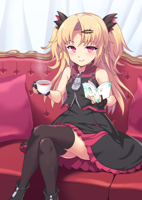 1girl akatsuki_yuni bangs bare_shoulders black_dress black_footwear black_gloves blonde_hair blush book boots brown_legwear closed_mouth commentary_request couch cup curtains dress eyebrows_visible_through_hair gloves hair_ornament hairclip holding holding_book holding_cup legs_crossed long_hair on_couch open_book parted_bangs partly_fingerless_gloves pillow rasahan sitting sleeveless sleeveless_dress smile solo tea teacup thighhighs thighhighs_under_boots two_side_up uni_channel very_long_hair virtual_youtuber