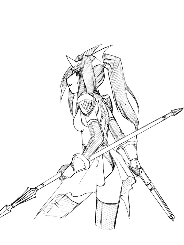 1girl armor ass camel_(dansen) female monochrome original polearm ponytail ryuhime_(camel) solo spear thighhighs weapon