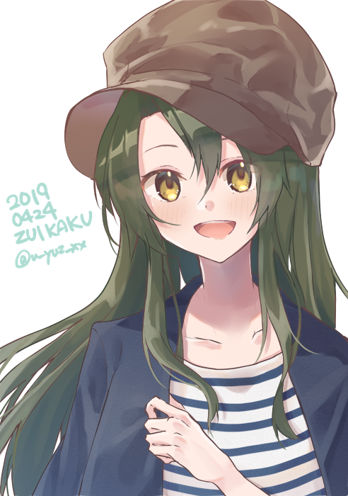 1girl alternate_costume alternate_hairstyle beret blazer blue_jacket brown_headwear character_name commentary_request dated green_eyes grey_hair hair_down hat jacket kantai_collection long_hair open_mouth shirt simple_background smile solo striped striped_shirt twitter_username u_yuz_xx upper_body white_background zuikaku_(kantai_collection)