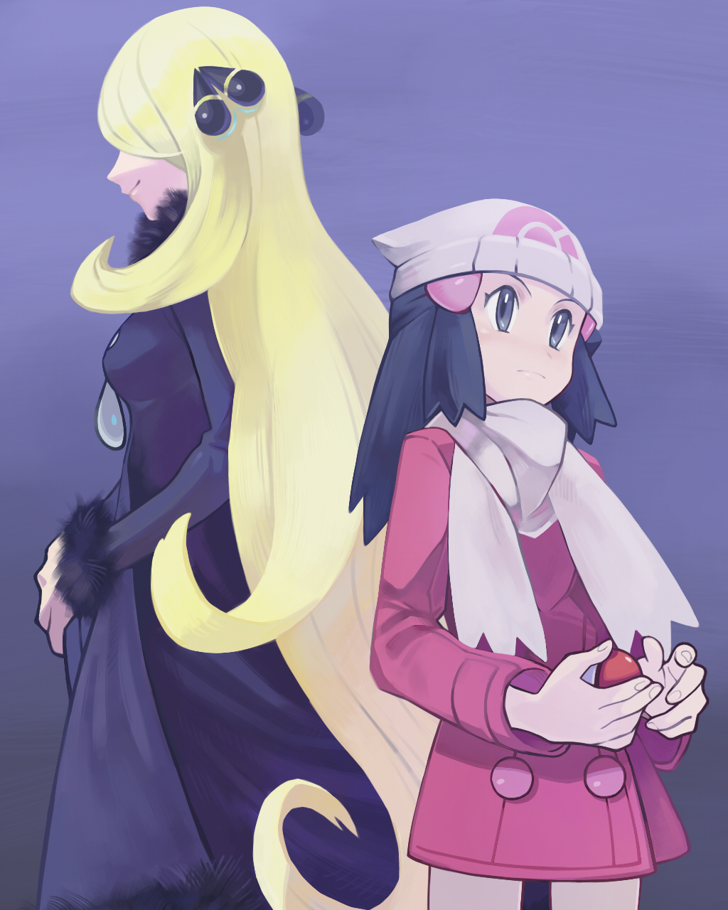 2girls back-to-back beanie blonde_hair blue_eyes blue_hair breasts closed_mouth coat cowboy_shot creatures_(company) dark_blue_hair donnpati frown fur-trimmed_sleeves fur_collar fur_trim game_freak hair_ornament hat highres hikari_(pokemon) holding holding_poke_ball legs_apart long_hair long_sleeves medium_breasts multiple_girls nintendo pink_coat poke_ball poke_ball_(generic) pokemon pokemon_(game) pokemon_dppt pokemon_platinum scarf shirona_(pokemon) smile straight_hair very_long_hair white_headwear white_scarf winter_clothes