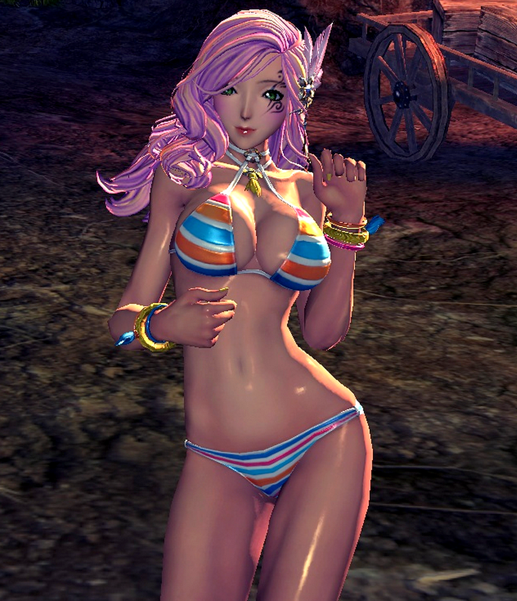 3d bikini blade_&amp;_soul breasts dancing green_eyes jin large_breasts nail_polish pink_hair swimsuit