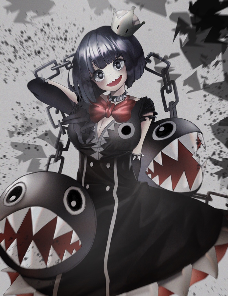 black_dress black_gloves black_hair bob_cut bow breasts chain_chomp chains choker cleavage dot_nose dress elbow_gloves gloves large_breasts mario_(series) mohuku94 nintendo personification princess_chain_chomp red_bow sharp_teeth shatter sleeveless sleeveless_dress smile super_crown teeth torn_clothes