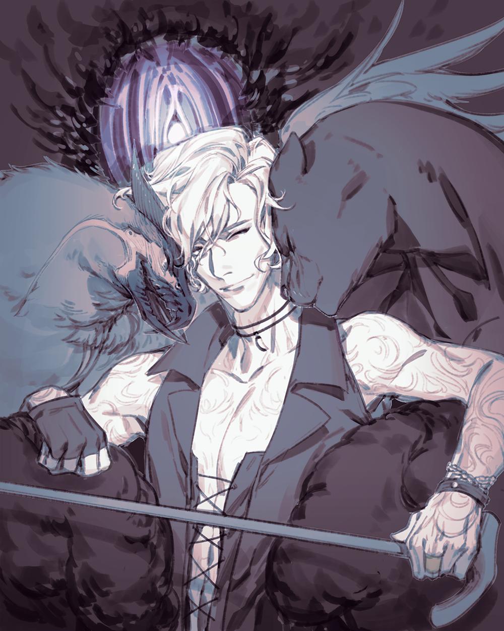 1boy arm_tattoo bare_shoulders beak bird black_gloves bracelet cane collarbone devil_may_cry devil_may_cry_5 devil_trigger eyes_closed fingerless_gloves for_dying_light full_body_tattoo gloves griffon_(devil_may_cry_5) hand_tattoo highres holding holding_cane jewelry male_focus necklace nightmare_(devil_may_cry) one_eye_closed panther ring shadow_(devil_may_cry_5) smile tattoo tooth_necklace white_hair