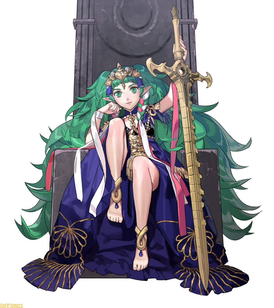 1girl anklet barefoot braid child fire_emblem fire_emblem:_fuukasetsugetsu gem green_eyes green_hair hair_ornament hand_on_own_cheek hand_on_sword jewelry kurahana_chinatsu legs_folded long_hair mamkute nintendo official_art pointy_ears ribbon sitting smile solo sothis sword throne tiara twin_braids twintails watermark weapon white_background