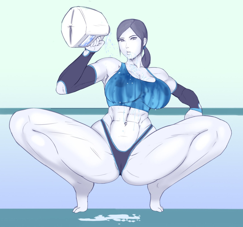 1girl abs aka6 ass barefoot breasts color female huge_ass huge_breasts milk muscle muscular_female nintendo shirt solo spread_legs squatting thick_thighs thighs thong wet wet_clothes wet_shirt whale_tail wii_fit_trainer