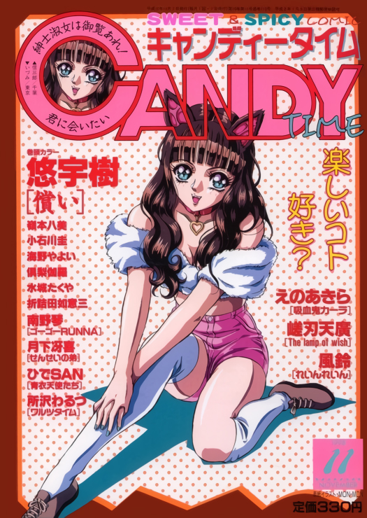 1girl animal_ears blue_eyes brown_hair cat_ears choker comic_candy_time cover cover_page hands_on_legs heart heart_choker long_hair magazine_cover mon_mon nail_polish open_mouth over-kneehighs pink_shorts polka_dot polka_dot_background short_shorts shorts solo thighhighs v_arms white_legwear